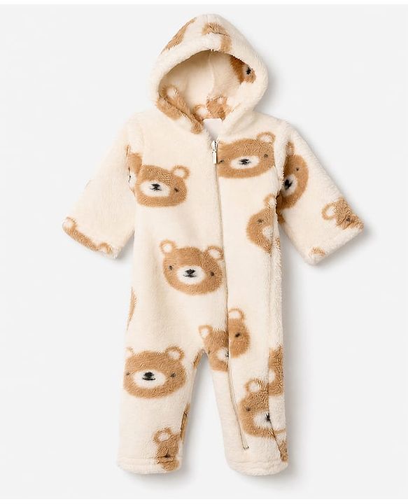 Babyhug Fur Woven Full Sleeves Hooded Winter Wear Romper With Teddy Bear Design - Cream & Brown