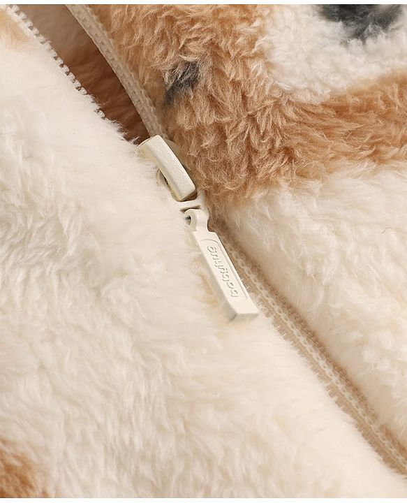Babyhug Fur Woven Full Sleeves Hooded Winter Wear Romper With Teddy Bear Design - Cream & Brown