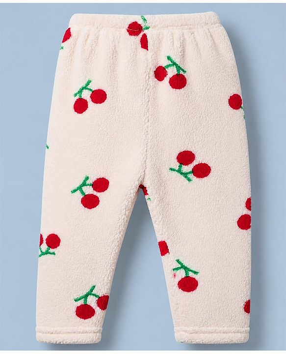 Babyhug Fur Woven Front Open Full Sleeves Hooded T-Shirt and Leggings with Cherry Print - Red & White