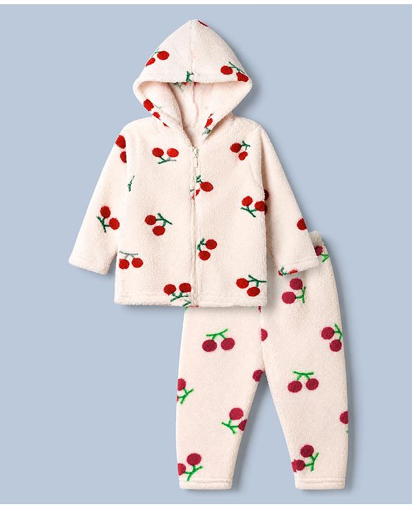 Babyhug Fur Woven Front Open Full Sleeves Hooded T-Shirt and Leggings with Cherry Print - Red & White