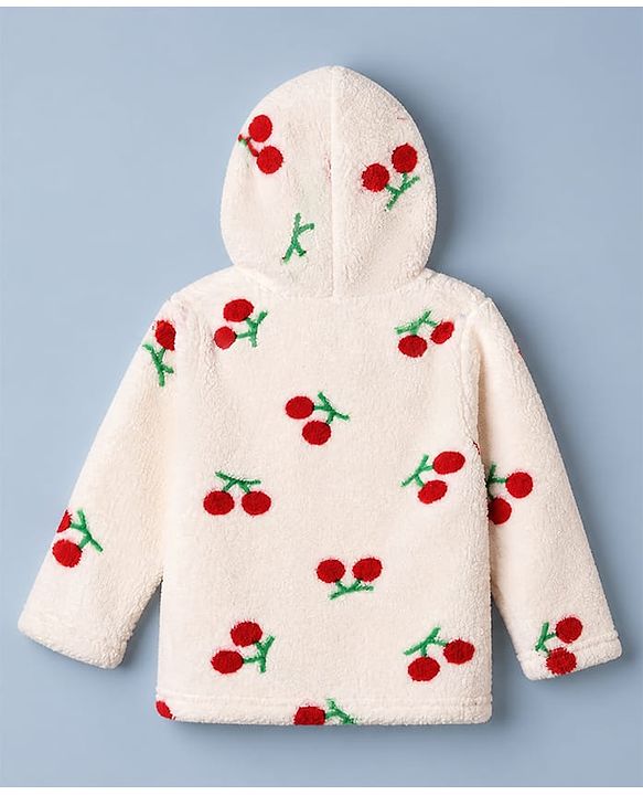 Babyhug Fur Woven Front Open Full Sleeves Hooded T-Shirt and Leggings with Cherry Print - Red & White