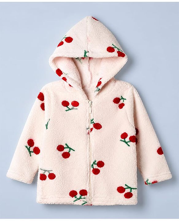 Babyhug Fur Woven Front Open Full Sleeves Hooded T-Shirt and Leggings with Cherry Print - Red & White