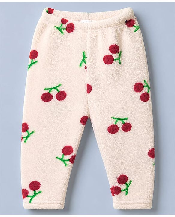 Babyhug Fur Woven Front Open Full Sleeves Hooded T-Shirt and Leggings with Cherry Print - Red & White