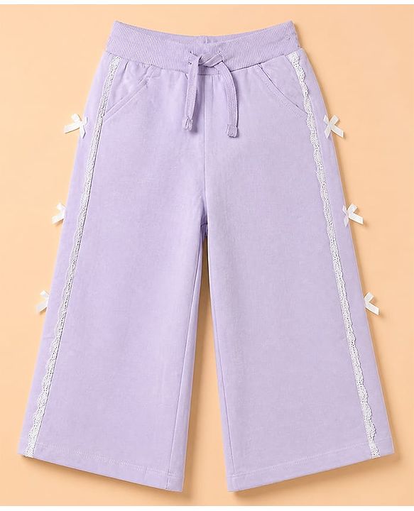 Babyhug 100% Cotton Looper Knit Full Length Lounge Pant with Bow Lace - Lavender