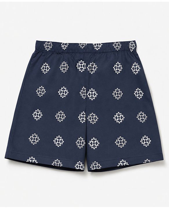 Babyhug Cotton Poplin Woven Above Knee Length Boxers With Floral Print Pack of 3 - Navy Blue, Light Blue & Grey