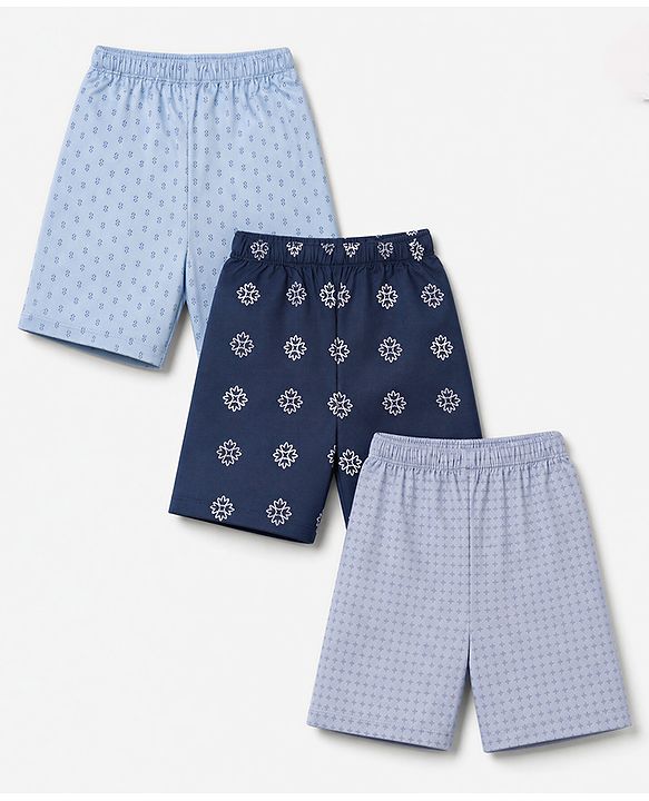Babyhug Cotton Poplin Woven Above Knee Length Boxers With Floral Print Pack of 3 - Navy Blue, Light Blue & Grey