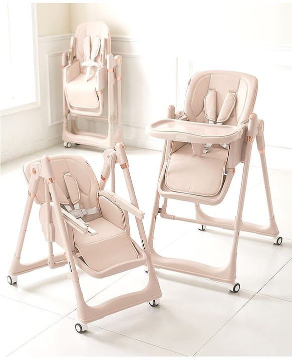 Babyhug Smart 3-in-1 High Chair with Baby Swing - Beige| Adjustable Height| Dual Feeding Tray| Reclining Backrest & Footrest| 5-Point Safety Harness| Foldable Feeding Chair