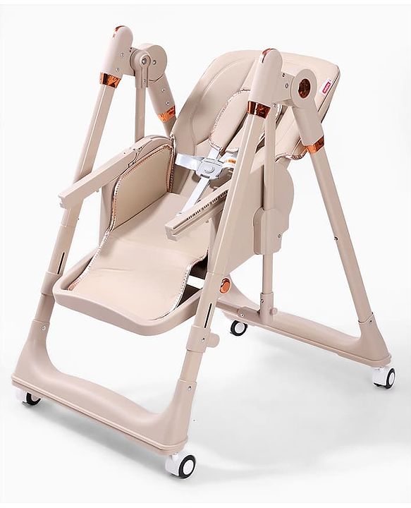 Babyhug Smart 3-in-1 High Chair with Baby Swing - Beige| Adjustable Height| Dual Feeding Tray| Reclining Backrest & Footrest| 5-Point Safety Harness| Foldable Feeding Chair