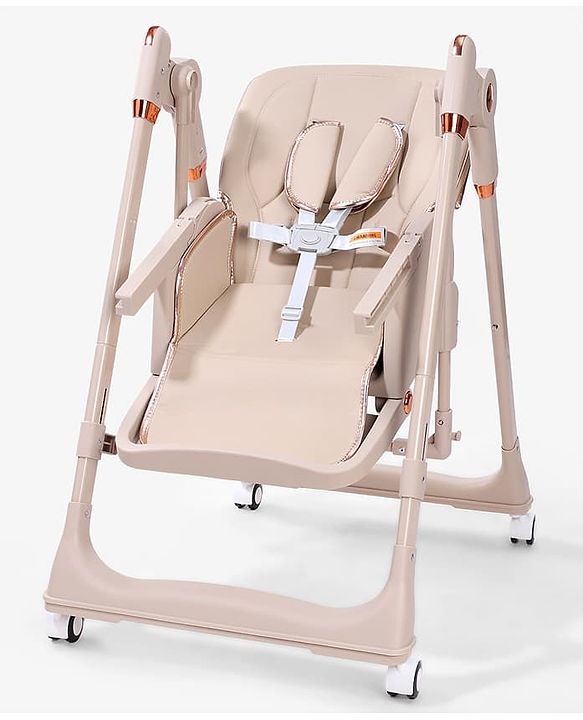 Babyhug Smart 3-in-1 High Chair with Baby Swing - Beige| Adjustable Height| Dual Feeding Tray| Reclining Backrest & Footrest| 5-Point Safety Harness| Foldable Feeding Chair