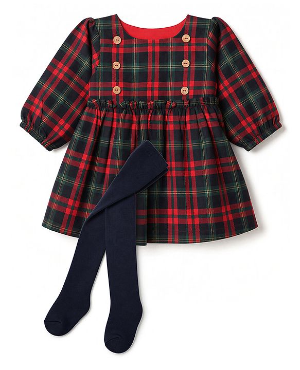 Babyhug Cotton Woven Full Sleeves Frock with Leggings and Checks Print - Red
