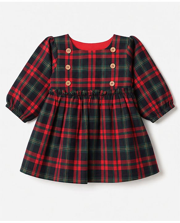 Babyhug Cotton Woven Full Sleeves Frock with Leggings and Checks Print - Red