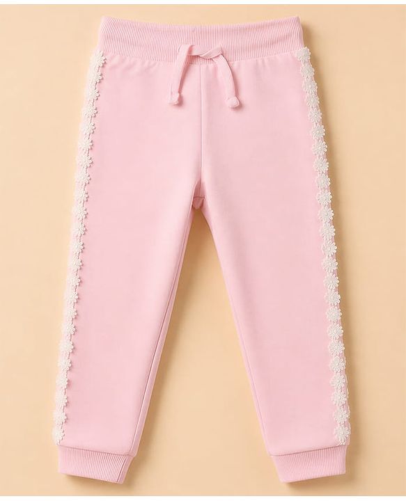 Babyhug 100% Cotton Looper Knit Full Length Lounge and Track Pant With Lace Detailing - Pink