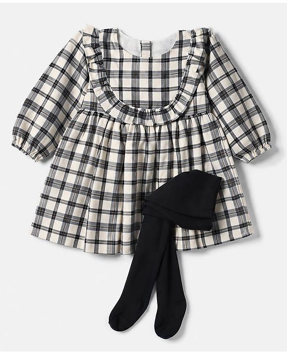 Babyhug Cotton Woven Full Sleeves Frock with Leggings and Checks Print - White