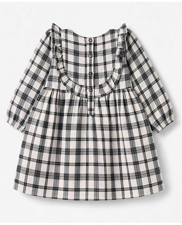 Babyhug Cotton Woven Full Sleeves Frock with Leggings and Checks Print - White