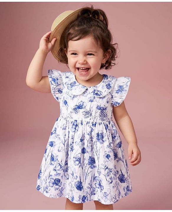 Babyhug Cotton Woven Half Frill Sleeves Floral Printed Frock - Blue