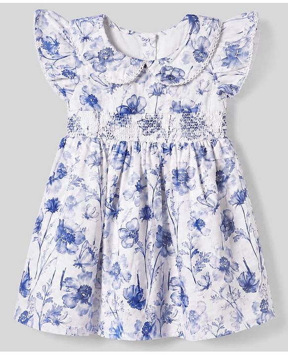 Babyhug Cotton Woven Half Frill Sleeves Floral Printed Frock - Blue