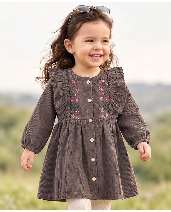 Babyhug Corduroy One Piece Dress with Full Sleeves and Floral Embroidery in Brown