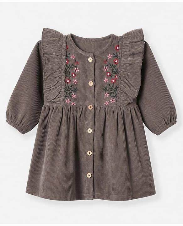 Babyhug Corduroy One Piece Dress with Full Sleeves and Floral Embroidery in Brown