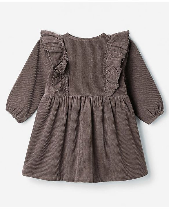 Babyhug Corduroy One Piece Dress with Full Sleeves and Floral Embroidery in Brown