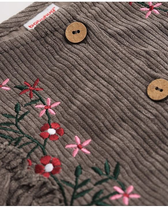 Babyhug Corduroy One Piece Dress with Full Sleeves and Floral Embroidery in Brown