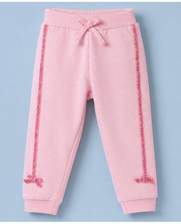Babyhug Cotton Mix Knit Full Length Lounge Pants with Bow Applique in Pink