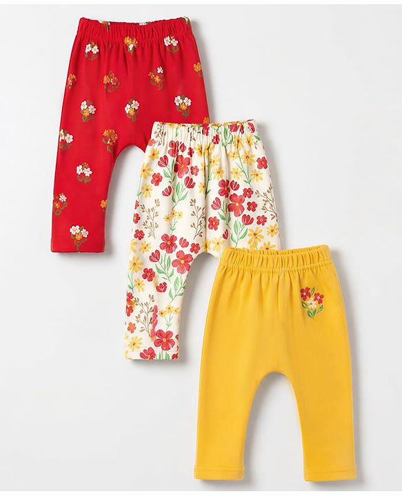 Babyhug Cotton Interlock Knit Diaper Leggings With Floral Print Pack of 3 - Red & Yellow