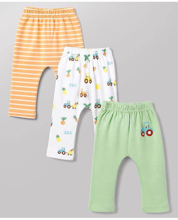 Babyhug Cotton Knit Lull Length Striped Diaper Leggings with Tractor & Carrot Print Pack of 3 - Light Orange, White, Light Green