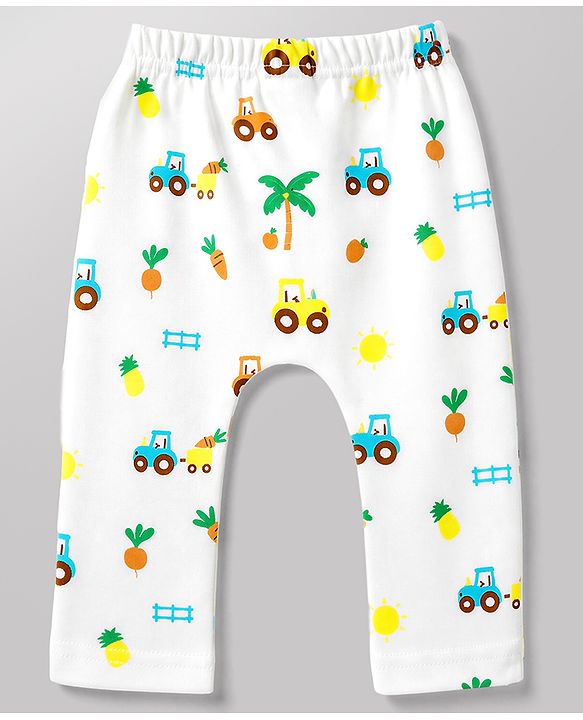 Babyhug Cotton Knit Lull Length Striped Diaper Leggings with Tractor & Carrot Print Pack of 3 - Light Orange, White, Light Green