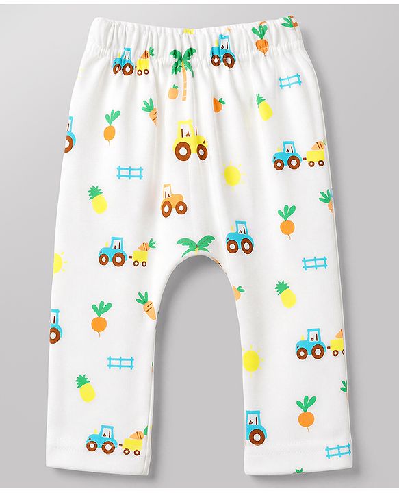 Babyhug Cotton Knit Lull Length Striped Diaper Leggings with Tractor & Carrot Print Pack of 3 - Light Orange, White, Light Green