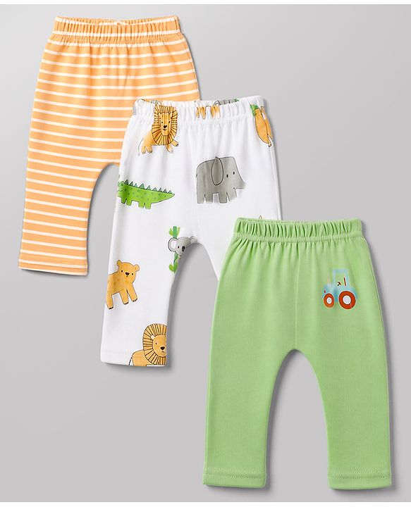 Babyhug Cotton Knit Lull Length Striped Diaper Leggings with Tractor & Elephant Lion Koala Crocodile Print Pack of 3 - Light Orange, White, Light Green