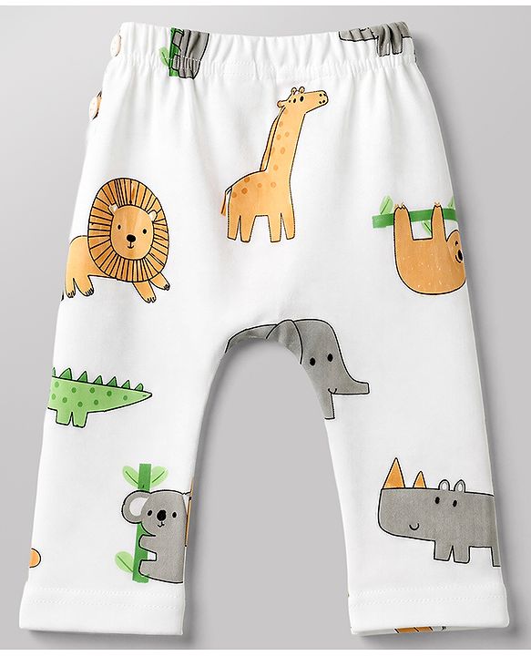 Babyhug Cotton Knit Lull Length Striped Diaper Leggings with Tractor & Elephant Lion Koala Crocodile Print Pack of 3 - Light Orange, White, Light Green