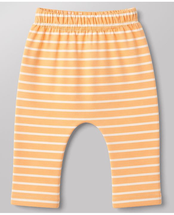 Babyhug Cotton Knit Lull Length Striped Diaper Leggings with Tractor & Elephant Lion Koala Crocodile Print Pack of 3 - Light Orange, White, Light Green