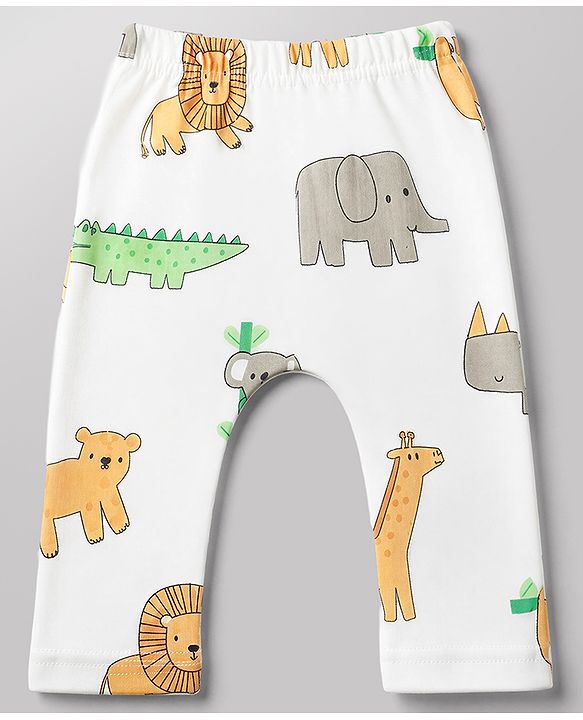 Babyhug Cotton Knit Lull Length Striped Diaper Leggings with Tractor & Elephant Lion Koala Crocodile Print Pack of 3 - Light Orange, White, Light Green