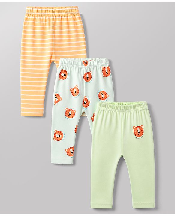 Babyhug Cotton Knit Full Length Diaper Leggings With Animal Print Pack of 3 - Green Blue & Orange