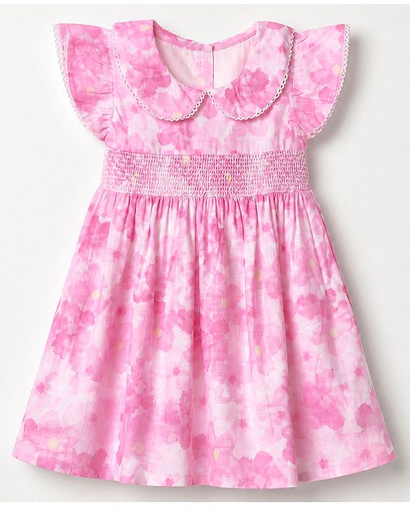 Babyhug Cotton Woven Cap Sleeves Floral Printed Smocked Frock - Pink