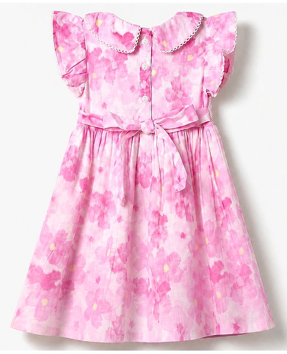 Babyhug Cotton Woven Cap Sleeves Floral Printed Smocked Frock - Pink