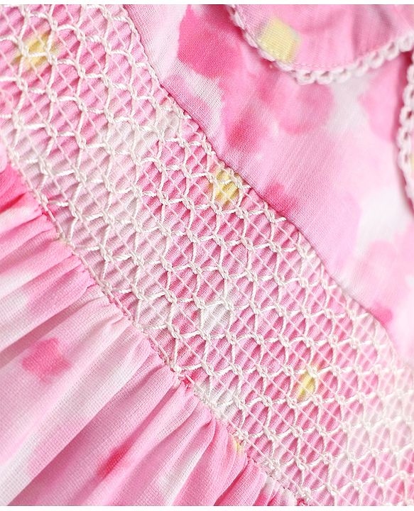 Babyhug Cotton Woven Cap Sleeves Floral Printed Smocked Frock - Pink
