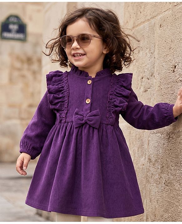 Babyhug Corduroy Woven Solid Frock with Full Sleeves in Purple