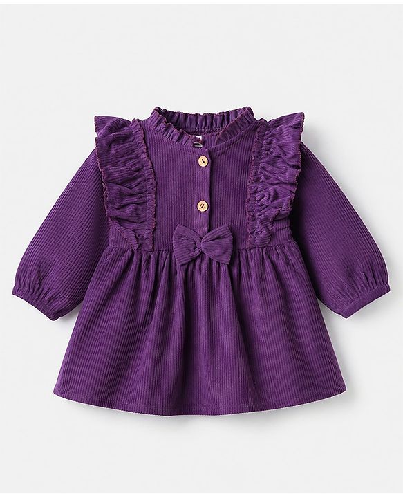 Babyhug Corduroy Woven Solid Frock with Full Sleeves in Purple