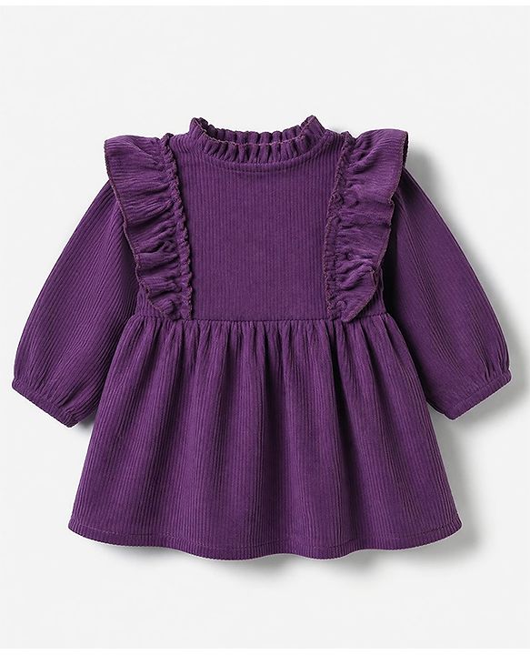 Babyhug Corduroy Woven Solid Frock with Full Sleeves in Purple