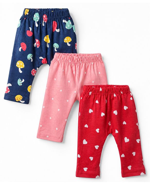 Babyhug Cotton Knit Full Length Diaper Leggings With Heart & Mushroom Print Pack of 3 - Red Pink Navy Blue