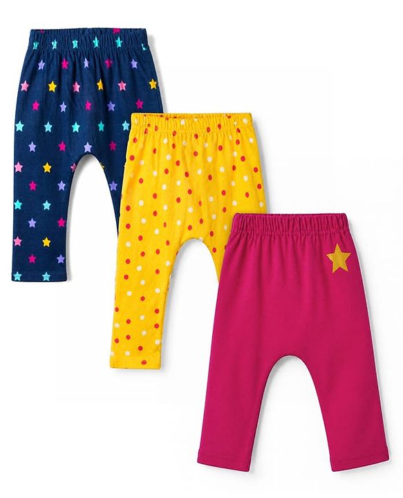 Babyhug Cotton Knit Full Length Diaper Leggings Pack of 3 in Yellow Red Navy Blue