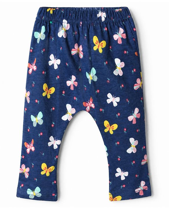 Babyhug Cotton Knit Diaper Leggings With Butterfly Print Pack of 3 in Blue Yellow