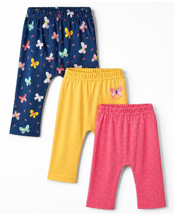 Babyhug Cotton Knit Diaper Leggings With Butterfly Print Pack of 3 in Blue Yellow