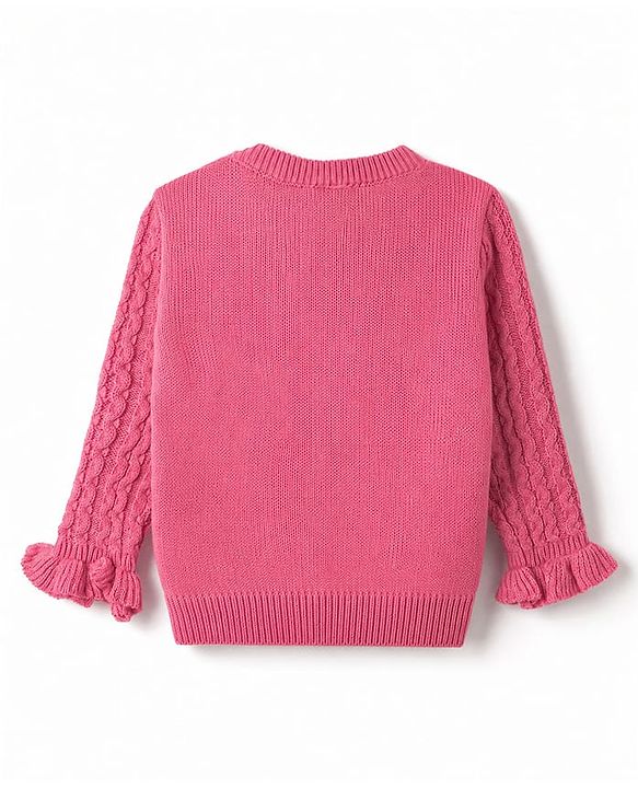 Babyhug Knit Full Sleeves Pullover Sweater With Floral Applique & Cable Knit Design - Pink