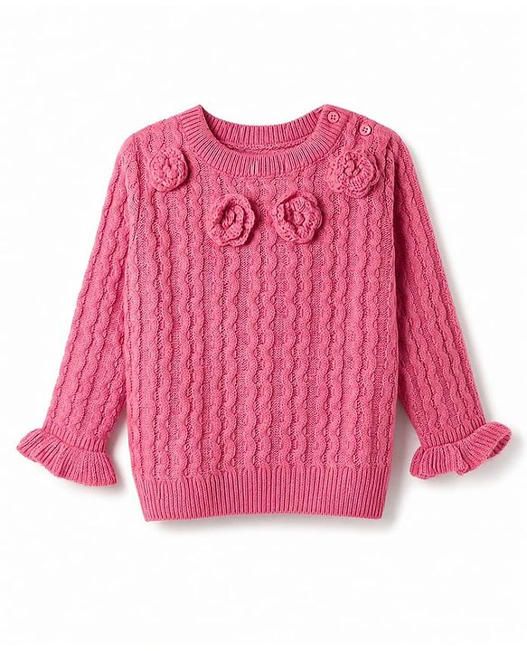 Babyhug Knit Full Sleeves Pullover Sweater With Floral Applique & Cable Knit Design - Pink