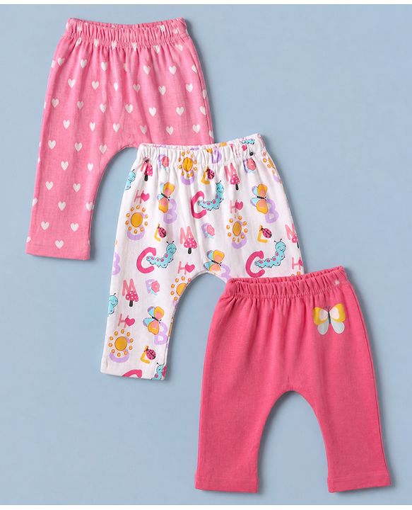 Babyhug Cotton Knit Full Length Diaper Leggings With Butterfly & Heart Print Pack of 3 - Pink