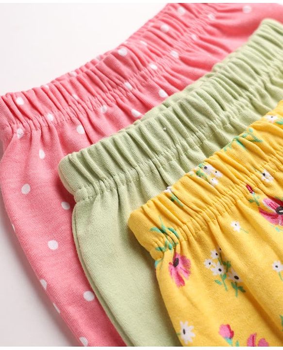 Babyhug Cotton Knit Full Length Diaper Leggings With Floral & Polka Dot Print Pack of 3 in Yellow Pink Green