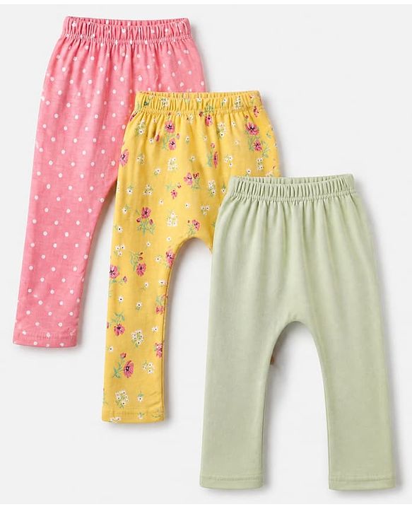 Babyhug Cotton Knit Full Length Diaper Leggings With Floral & Polka Dot Print Pack of 3 in Yellow Pink Green