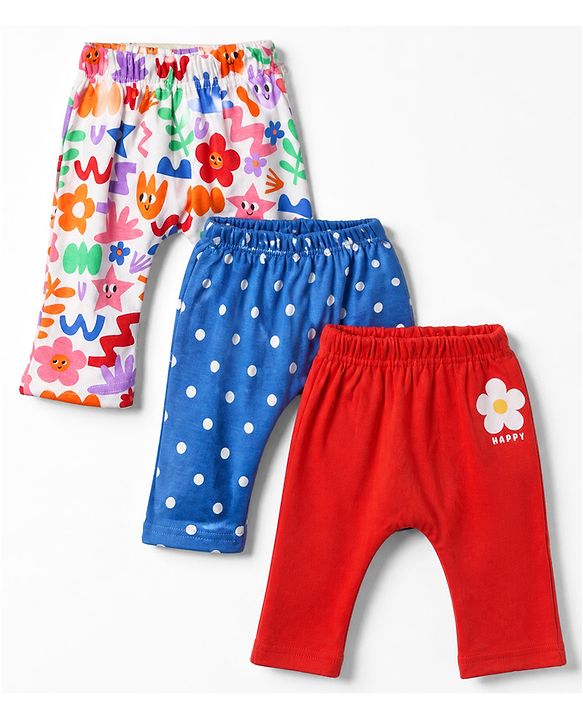 Babyhug Cotton Knit Full Length Diaper Leggings With Polka Dots & Floral Print Pack of 3 - Red & Blue